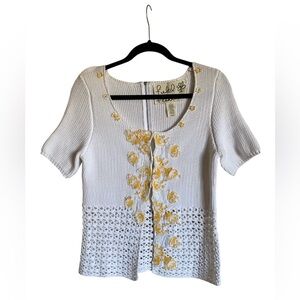Women’s ANTHROPOLOGIE FIELD FLOWER Knit Crochet Appliqué Cardigan Top L